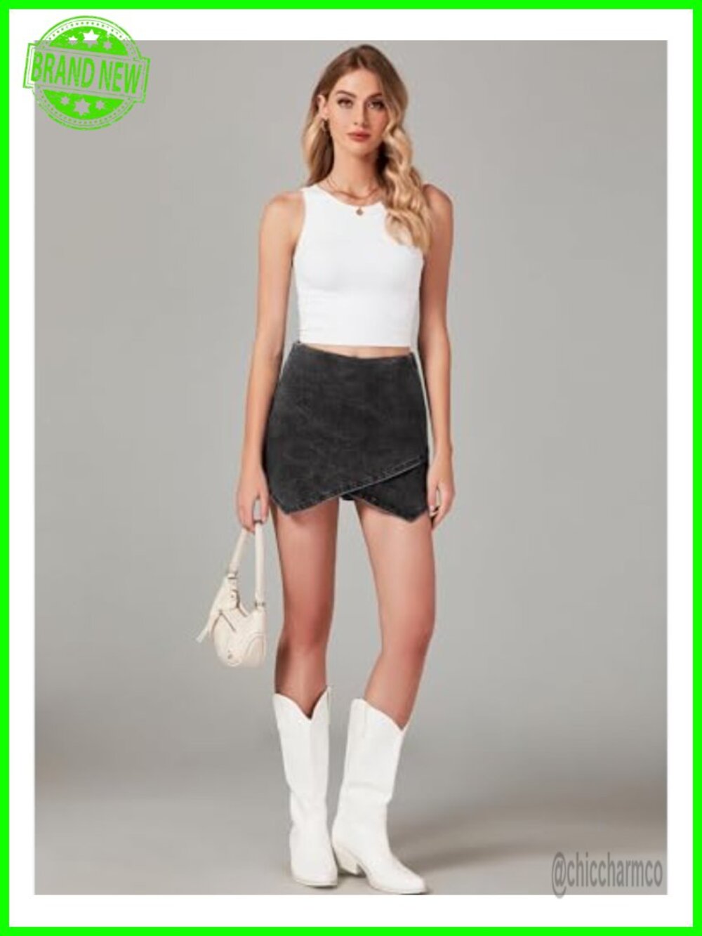 Denim Skort with Pockets - High Waisted Pull On Wrap Skort - Picture 5 of 6